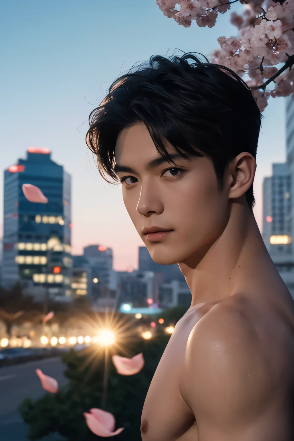 portrait of a 1 boy wearing nothing, completely naked, front view, looking at camera, (smirk:0.65), (angry:0.3), cinematic shot on canon 5d ultra realistic, urban atmosphere, skyscrapers, night scene, sakura petals are flying over the background, short hair undercut, (extremely handsome:1.2), half body shot 

