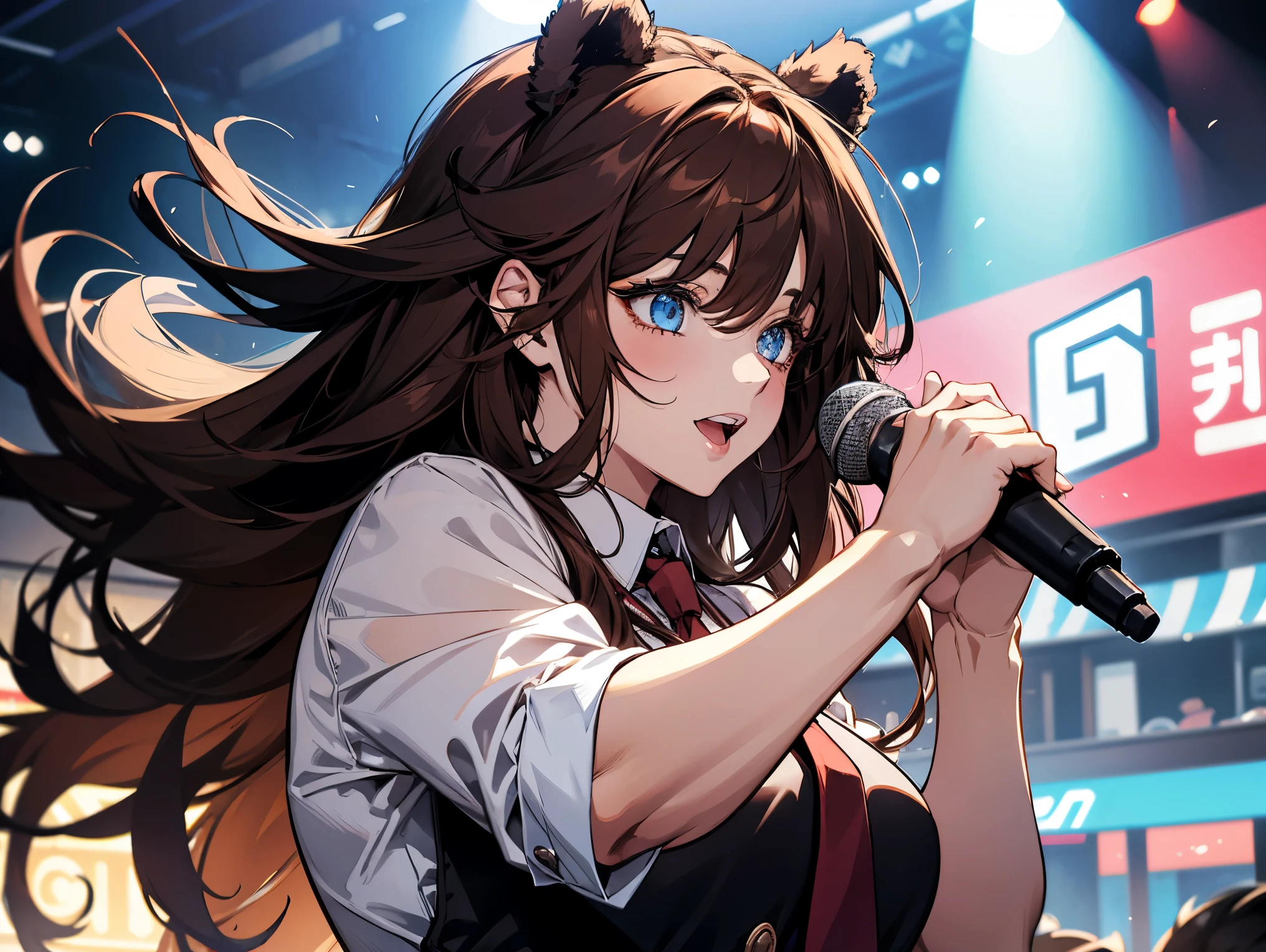 1 female, teacher, wearing a black suit, red tie, bootyshorts, Thicc, brown hair, long hair, Bear ears, light blue eyes, face to detail, detailed eyes, the background is a pizzeria, happy, holding a microphone singing