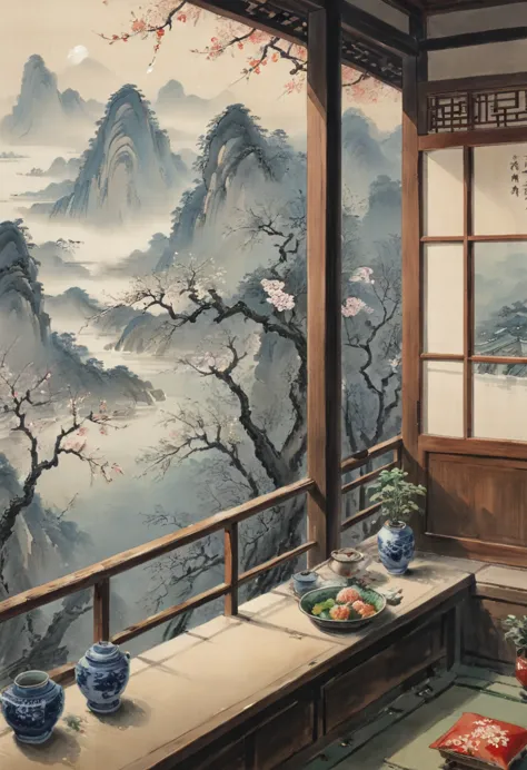 the view outside the window, by feng zikai, (masterpiece, best quality, perfect composition, very aesthetic, absurdres, ultra-de...