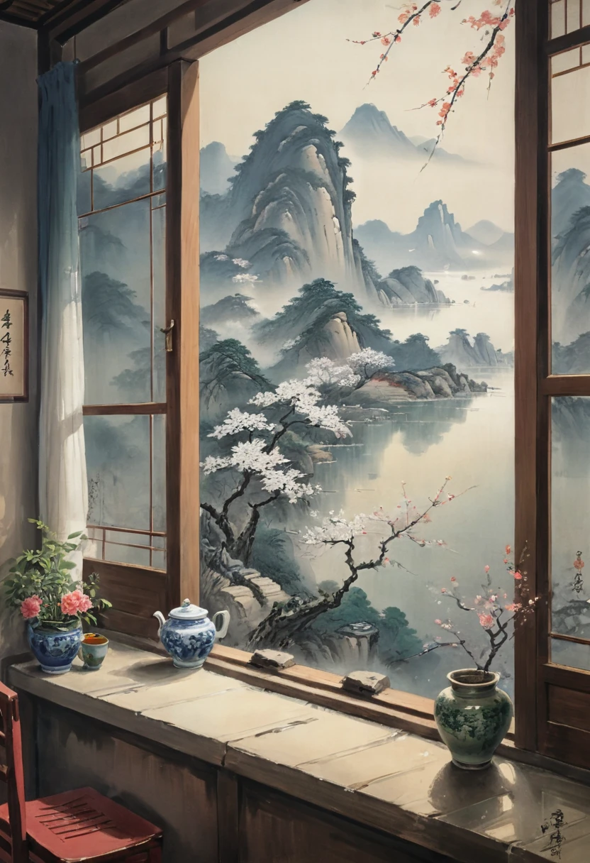 The View Outside the Window, by Feng Zikai, (masterpiece, best quality, perfect composition, very aesthetic, absurdres, ultra-detailed, intricate details, Professional, official art, Representative work:1.3)