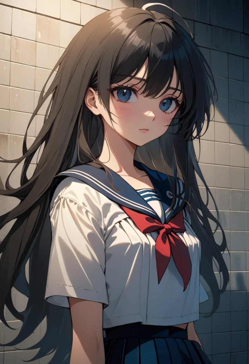 solo，Upper body，a woman，(extremely detailed face and eyes)，messy long hair，Sailor suit and pleated skirt，bare neck，standing，Tile wall background，cool poss，dark tones，(punk)，masterpiece，Top image quality，Top animation quality，cinematic shadow，anime