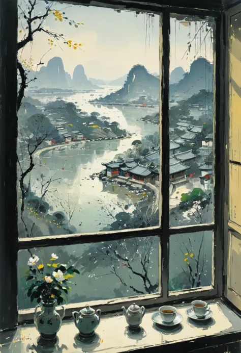 the view outside the window, by wu guanzhong, (masterpiece, best quality, perfect composition, very aesthetic, absurdres, ultra-...