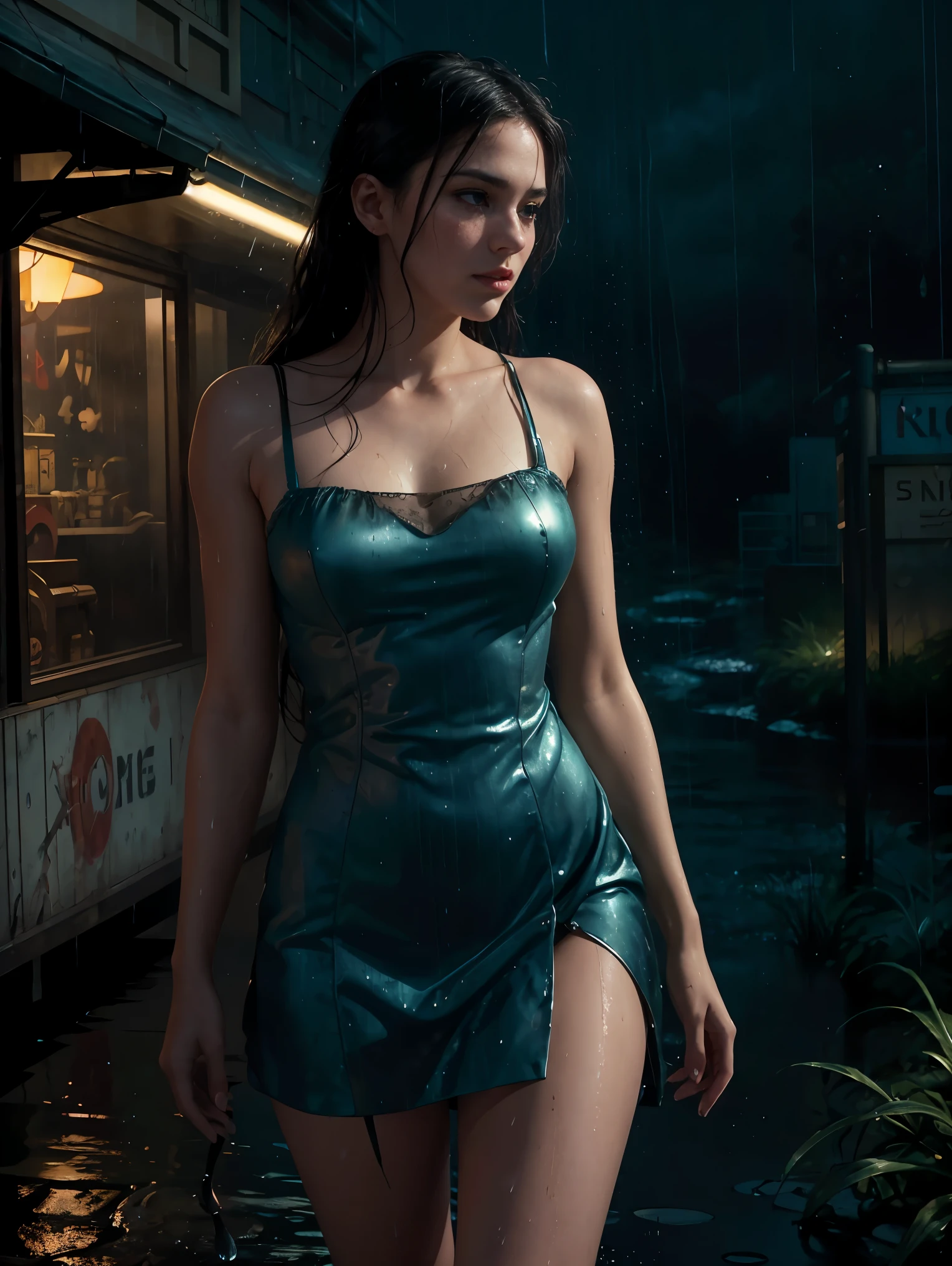 16K, HDR, UHD, best quality, masterpiece, anime style, beautiful young woman in beautiful flower garden, raining, wet, detailed rain droplets, cowboy shot, wearing a beautiful dress, ultra beautiful detailed  eyes, (hyper detailed face)complex,  perfect, model,  textured,  chiaroscuro, professional make-up, realistic, rough, dominating, figure in frame, by WLOP, cinematic lighting, award winning, RTX, ray tracing, hyper realistic, ethereal, post-apocalyptic, dystopian, cyberpunk, night, neon lights, smoke 