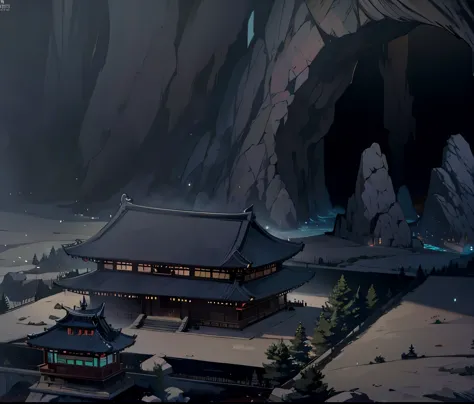 cave, korean palace, dungeon, rocks, city, dark, darkness, anime