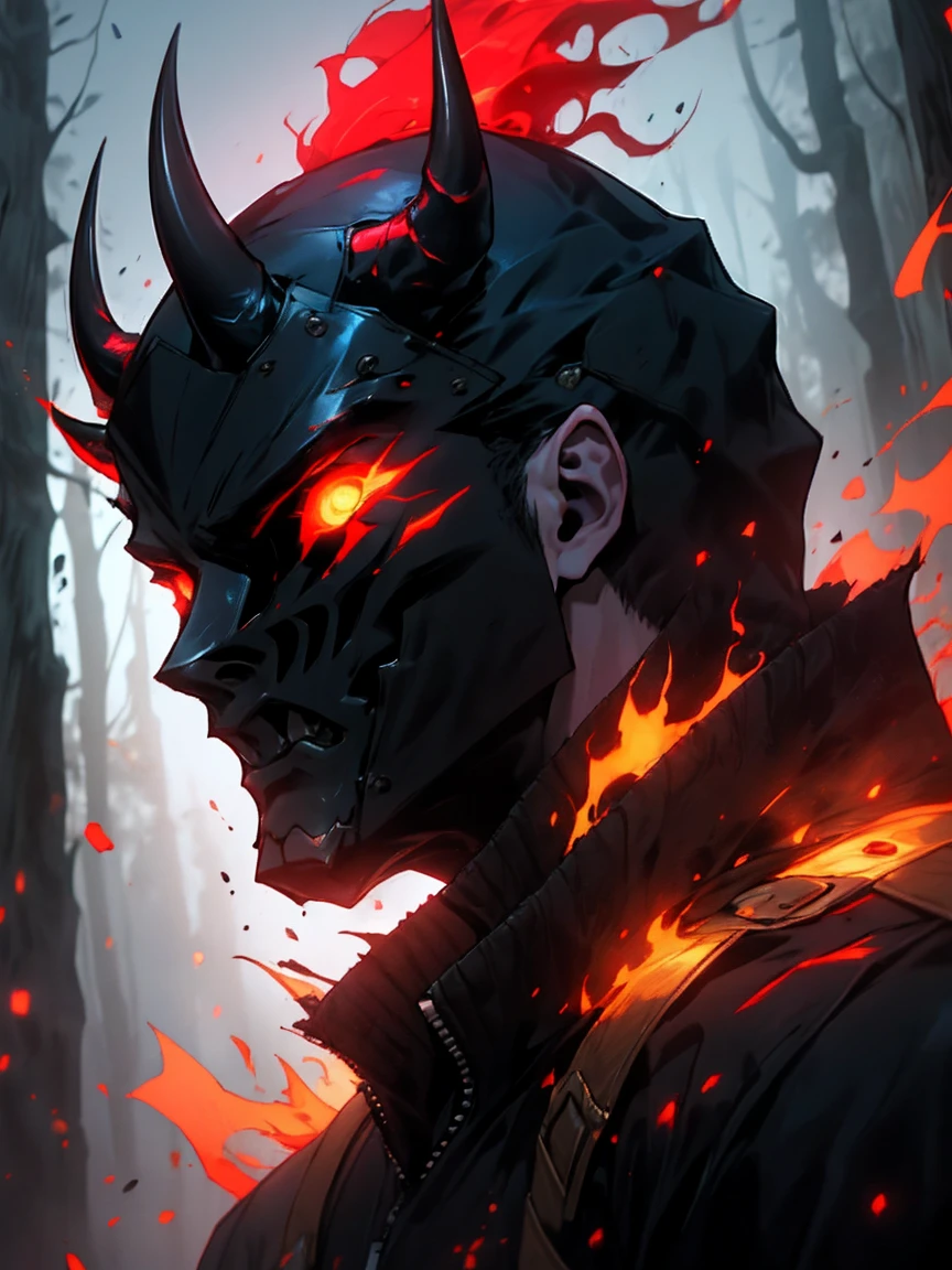 (detailed horned mask:1.2),(dark,devil) atmosphere,(mysterious,ominous,sandy) texture,1 demonic character,sharp teeth,Bright red eyes,long sharp horns,Pale skin,black claws,overgrown dark forest,ominous moonlight,dense fog,creepy atmosphere,blood red color scheme,haunting shadows,spooky fog,horror genre,nightmarish,dynamic lighting,high contrast,ethereal feeling,vivid colors