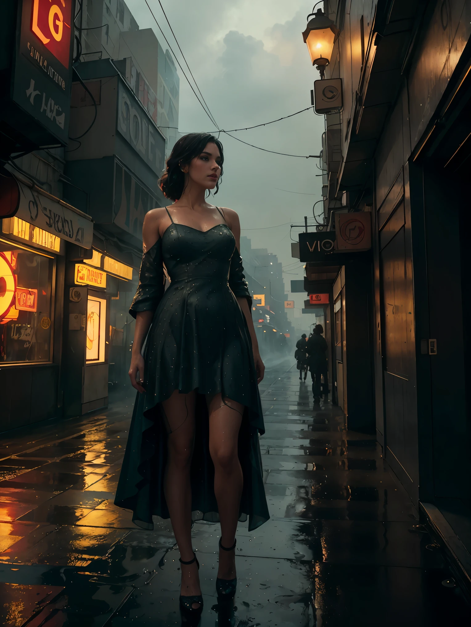 16K, HDR, UHD, best quality, masterpiece, vintage style, beautiful woman in beautiful flower garden, raining, wet, detailed rain droplets, wearing a beautiful dress, ultra beautiful detailed  eyes, (hyper detailed face), complex,  perfect, model,  textured, professional make-up, realistic, rough, dominating, figure in frame, by WLOP, cinematic lighting, award winning, RTX, ray tracing, hyper realistic, ethereal, post-apocalyptic, dystopian, cyberpunk, night, neon lights, smoke, shopping 