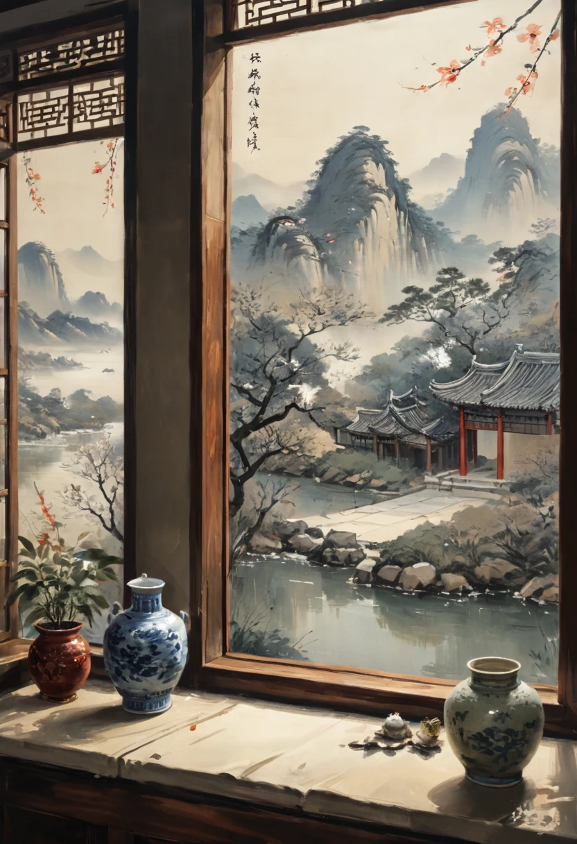 View Outside the Window from inside, by xu beihong, (masterpiece, best quality, perfect composition, very aesthetic, absurdres, ultra-detailed, intricate details, Professional, official art, Representative work:1.3)