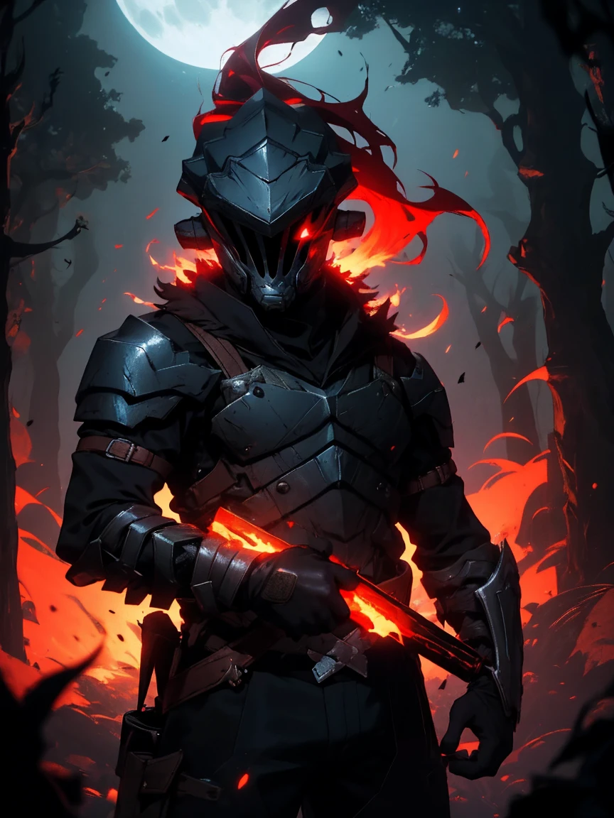 (detailed mask:1.2),(dark,devil) atmosphere,(mysterious,ominous,sandy) texture,1 character, goblin slayer, bright reds,Pale skin,hunting,overgrown dark forest,ominous moonlight,dense fog,creepy atmosphere,blood red color scheme,haunting shadows,spooky fog,horror genre,nightmarish,dynamic lighting,high contrast,ethereal feeling,vivid colors