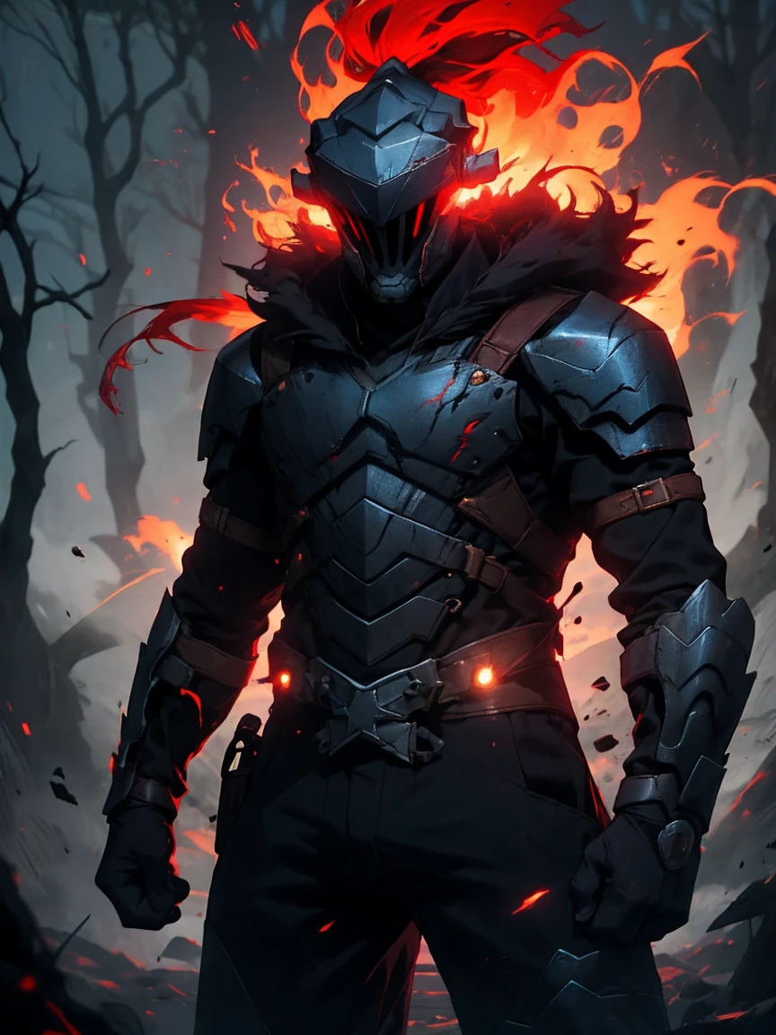 (detailed mask:1.2),(dark,devil) atmosphere,(Mysterious,ominous,sandy) texture,1 character, goblin slayer, bright reds,pale skin,hunting,overgrown dark forest,ominous moonlight,dense fog,creepy atmosphere,blood red color scheme,haunting shadows,spooky fog,horror genre,nightmarish,dynamic lighting,High contrast,ethereal feeling,vivid colors