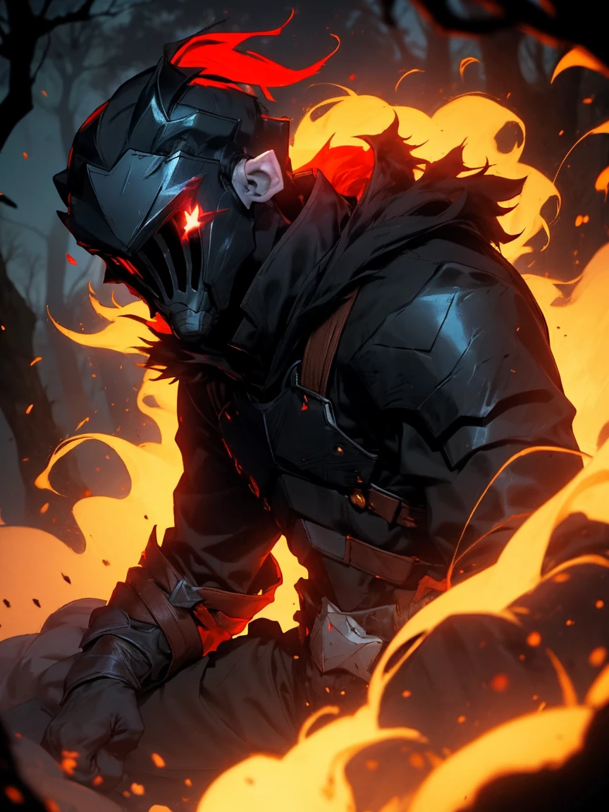 (detailed mask:1.2),(dark,devil) atmosphere,(mysterious,ominous,sandy) texture,1 character, goblin slayer, bright reds,Pale skin,hunting,overgrown dark forest,ominous moonlight,dense fog,creepy atmosphere,blood red color scheme,haunting shadows,spooky fog,horror genre,nightmarish,dynamic lighting,high contrast,ethereal feeling,vivid colors