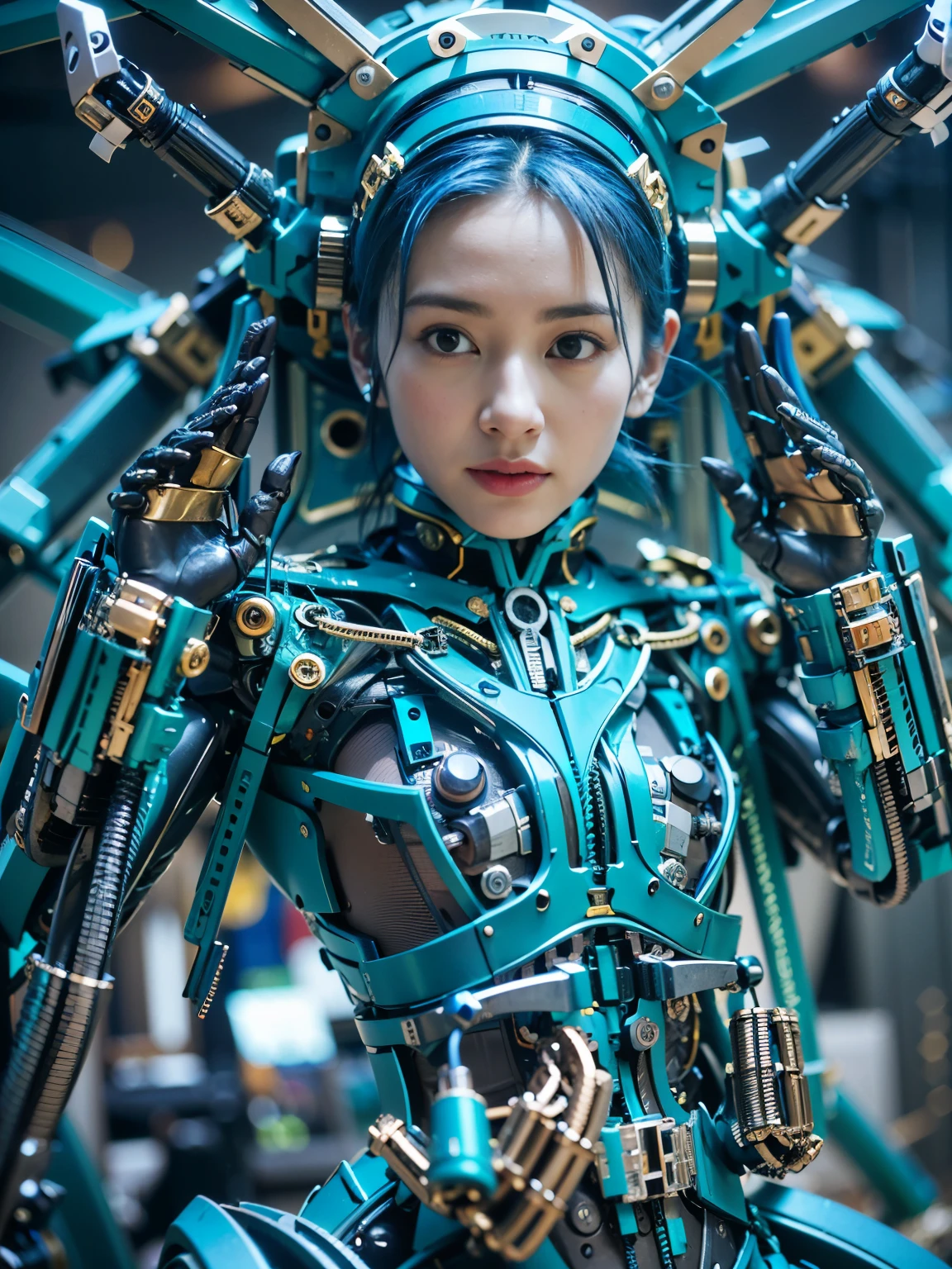 (best quality:1.2), 8k, highres, octan render, (masterpiece), extremely ultra detail, cyborgized Japanese woman, extremely ultra cute face, , skinny body, flat chest,  (blue metallic mechanical frame:1.5), (Power cables connected throughout the body), detaile up, Instead of hair, there are cables growing out of it, mechanical fusion, mechanical skeleton, bio mechanics, mechanical life-form, highly intricate detail, extremely ultra real texture, human-like skin, realistic hair, ultra realistic details, professional lighting, (realistic:1.4), (RAW photo:1.2), (photorealistic:1.5)