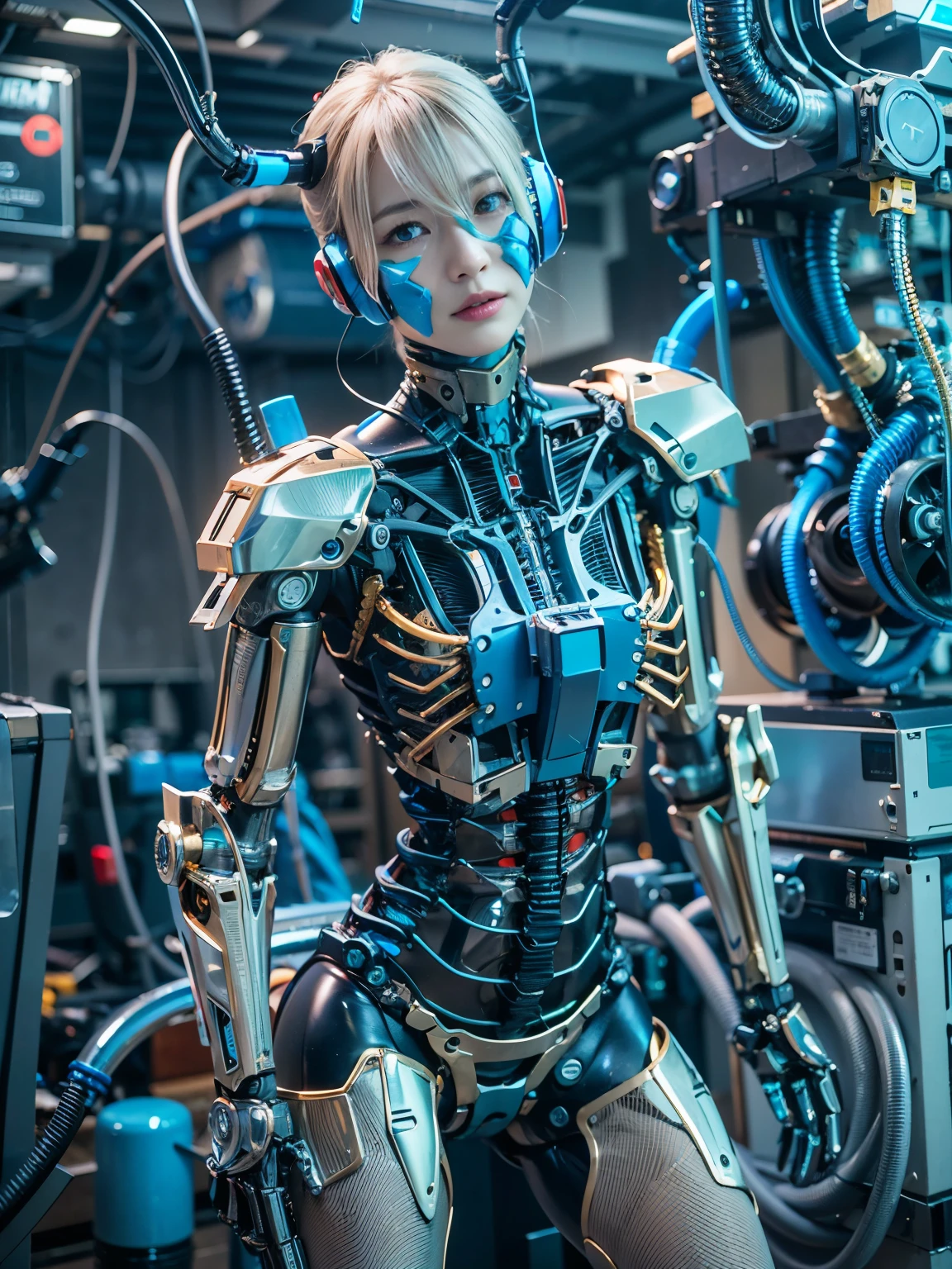 (best quality:1.2), 8k, highres, octan render, (masterpiece), extremely ultra detail, cyborgized Japanese woman, extremely ultra cute face, , skinny body, flat chest,  (blue metallic mechanical frame:1.5), (Power cables connected throughout the body), detaile up, Instead of hair, there are cables growing out of it, mechanical fusion, mechanical skeleton, bio mechanics, mechanical life-form, highly intricate detail, extremely ultra real texture, human-like skin, realistic hair, ultra realistic details, professional lighting, (realistic:1.4), (RAW photo:1.2), (photorealistic:1.5)