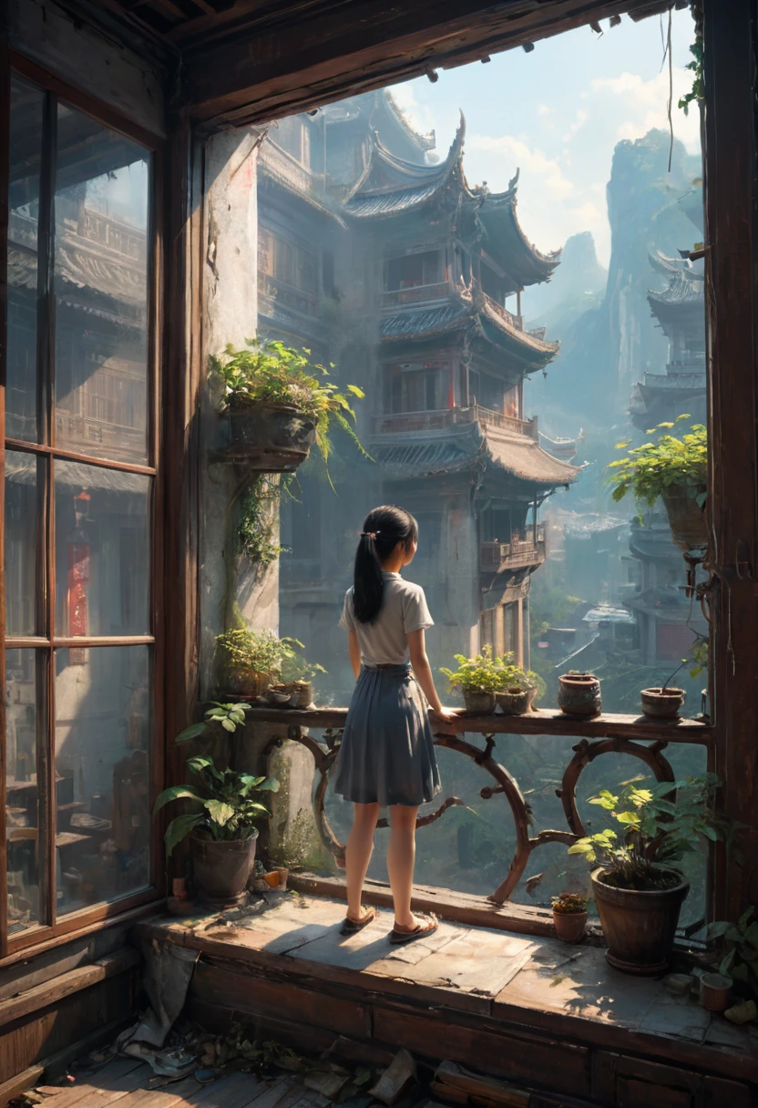 View Outside the Window from inside, by cgsociety and fenghua zhong, (masterpiece, best quality, perfect composition, very aesthetic, absurdres, ultra-detailed, intricate details, Professional, official art, Representative work:1.3)