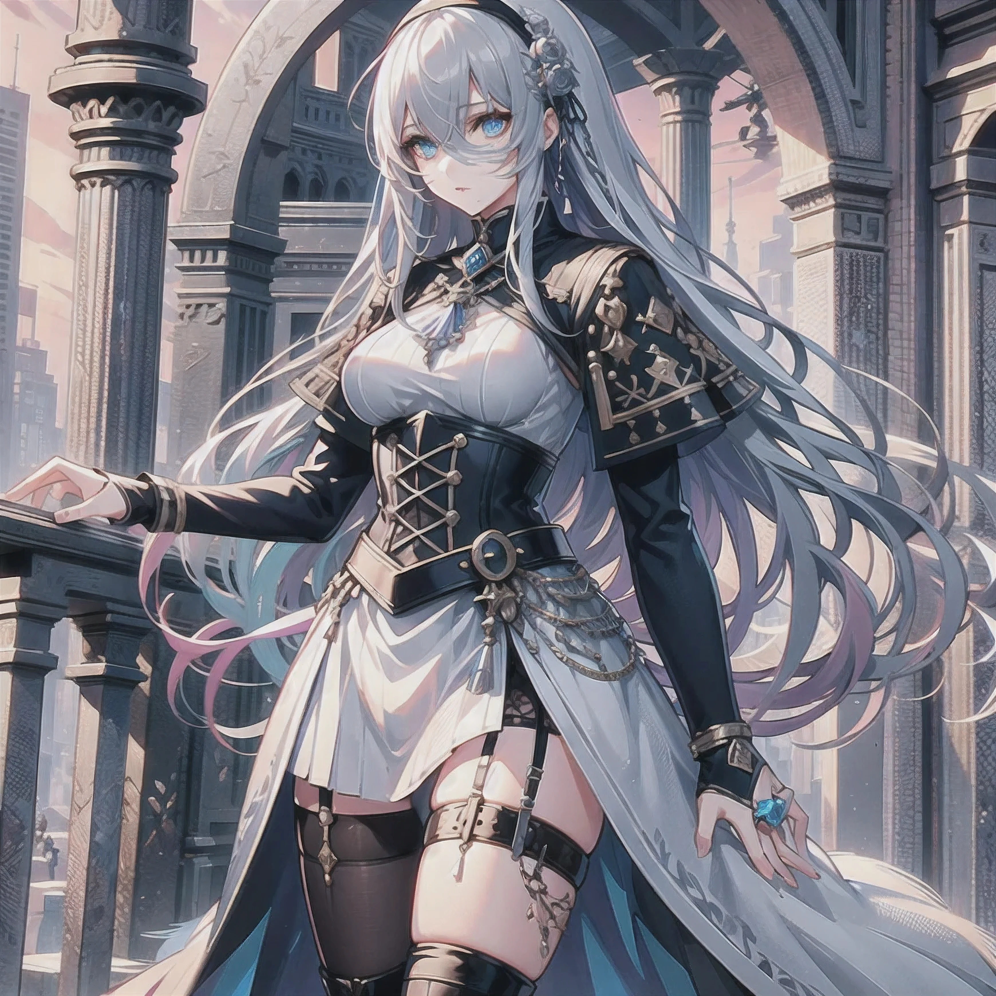 A woman with elements of Lady Maria from Bloodborne, Akiha Tohno, Weiss Schnee, and Scheneee from Synduality, with long shullet-style silver hair with crimson tips, celestial blue eyes, wearing Victorian, nun, and medieval-inspired clothing including a short garter belt and a handkerchief skirt, standing on a balcony overlooking a city with Victorian and medieval architecture during a night with a blood moon and fog to create an atmosphere of mystery.
