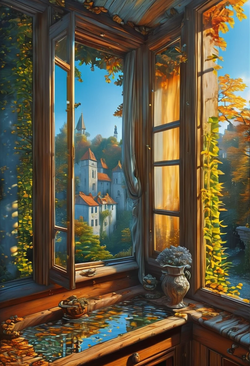 View Outside the Window, Beautiful, Fantasy, by Noah Bradley, best quality, masterpiece, very aesthetic, perfect composition, intricate details, ultra-detailed