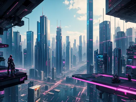 Vista de uma cidade futuristica em estilo cyberpunk