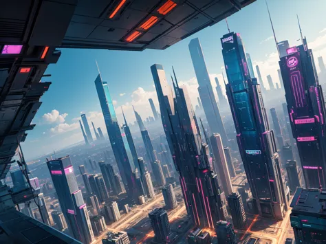 Vista de uma cidade futuristica em estilo cyberpunk, varied angles.
