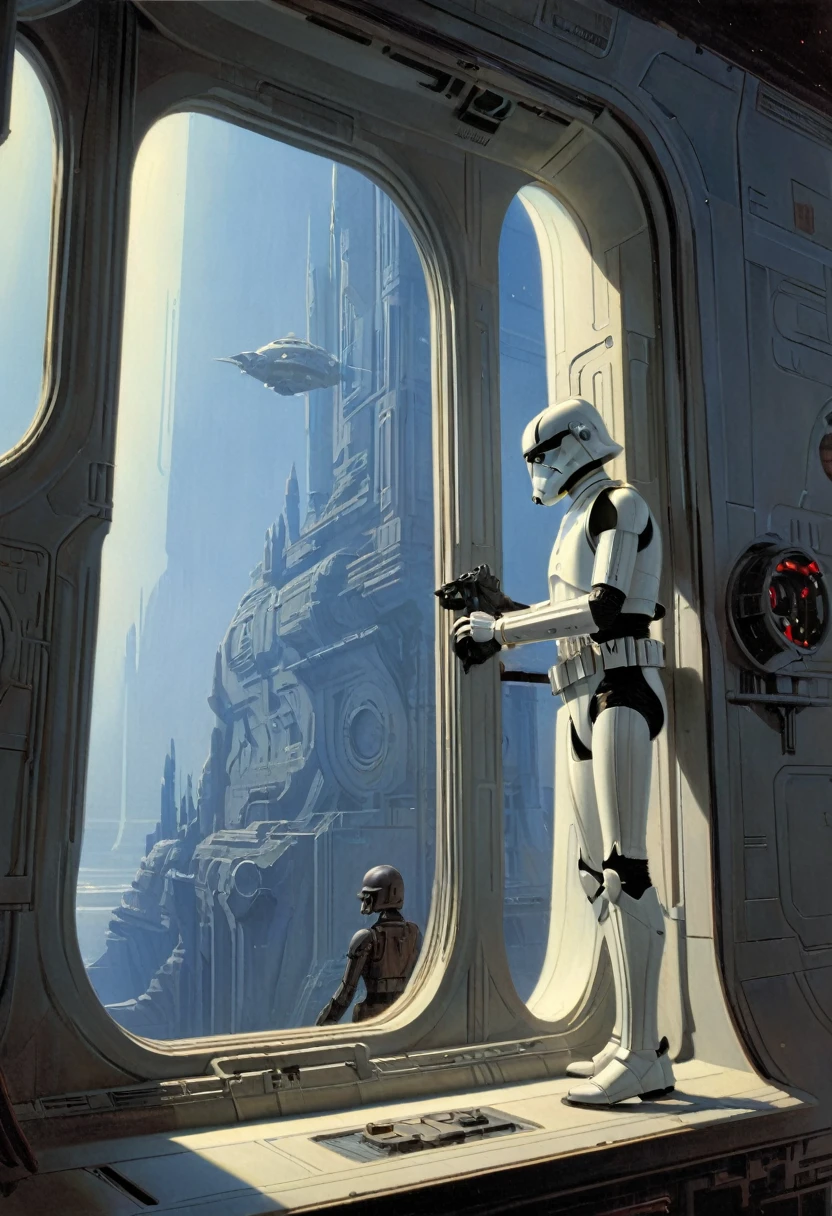 View Outside the Window from inside, by Ralph McQuarrie, (masterpiece, best quality, perfect composition, very aesthetic, absurdres, ultra-detailed, intricate details, Professional, official art, Representative work:1.3)