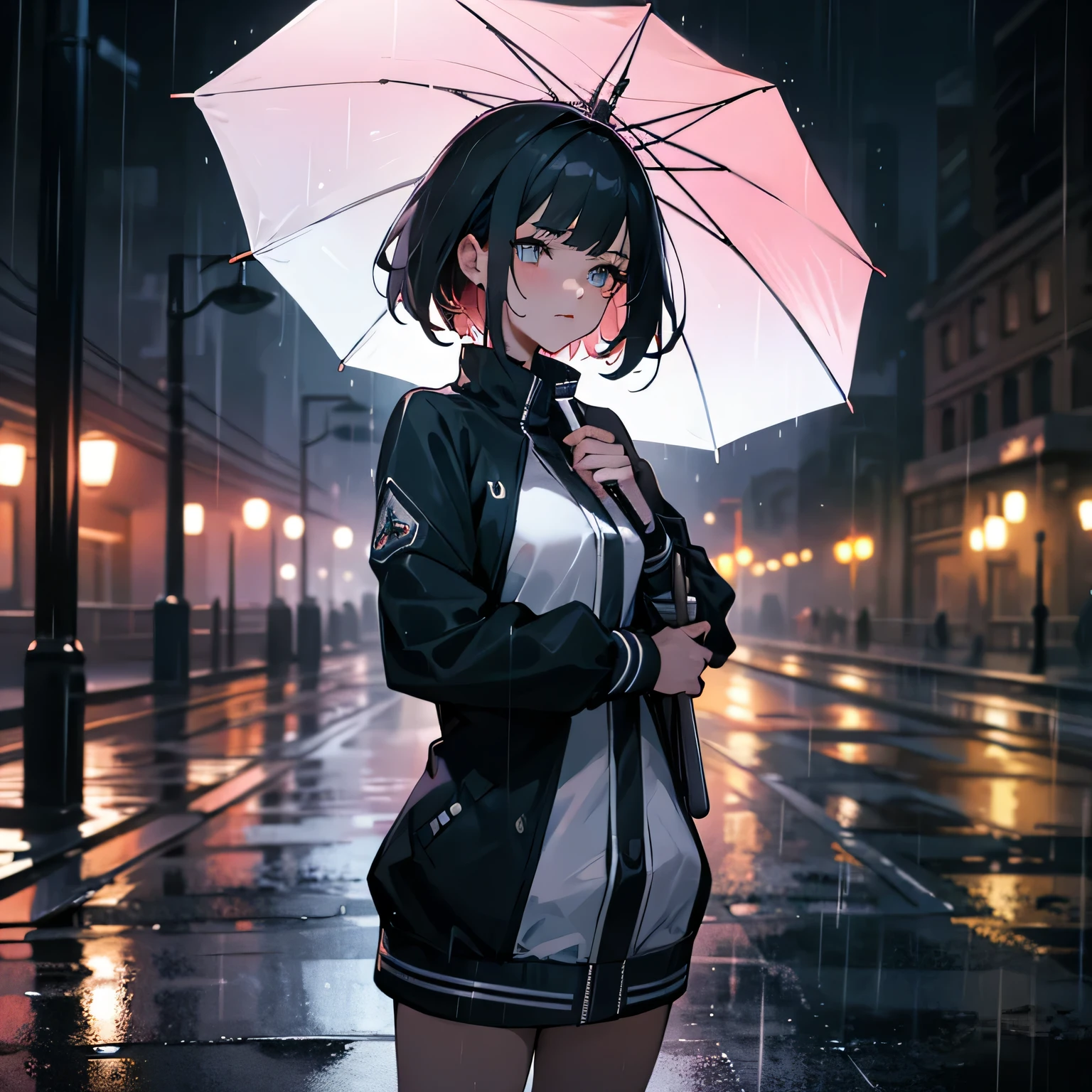 Create an image of a beautiful woman with a cold expression wearing a fitted varsity jacket, standing tall in the middle of a rain-drenched city. She holds an umbrella with one hand, while the other may be tucked into her jacket pocket. In the background, the city streets are wet from the rain, with streetlights reflecting light and creating a dramatic atmosphere.