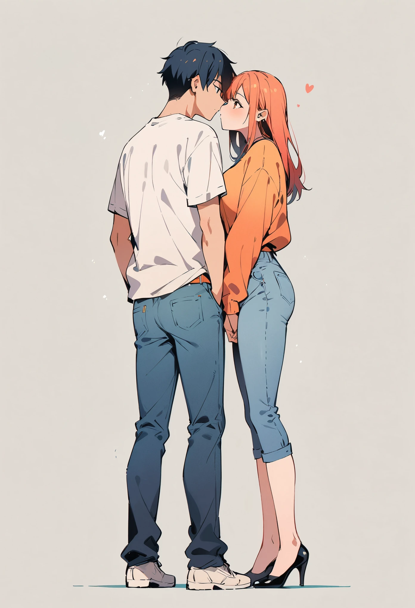(best quality:1.2), 1 girls,1 boy,, face to face, looking at each other, standing apart, both standing apart, kissing, blue jeans, full body