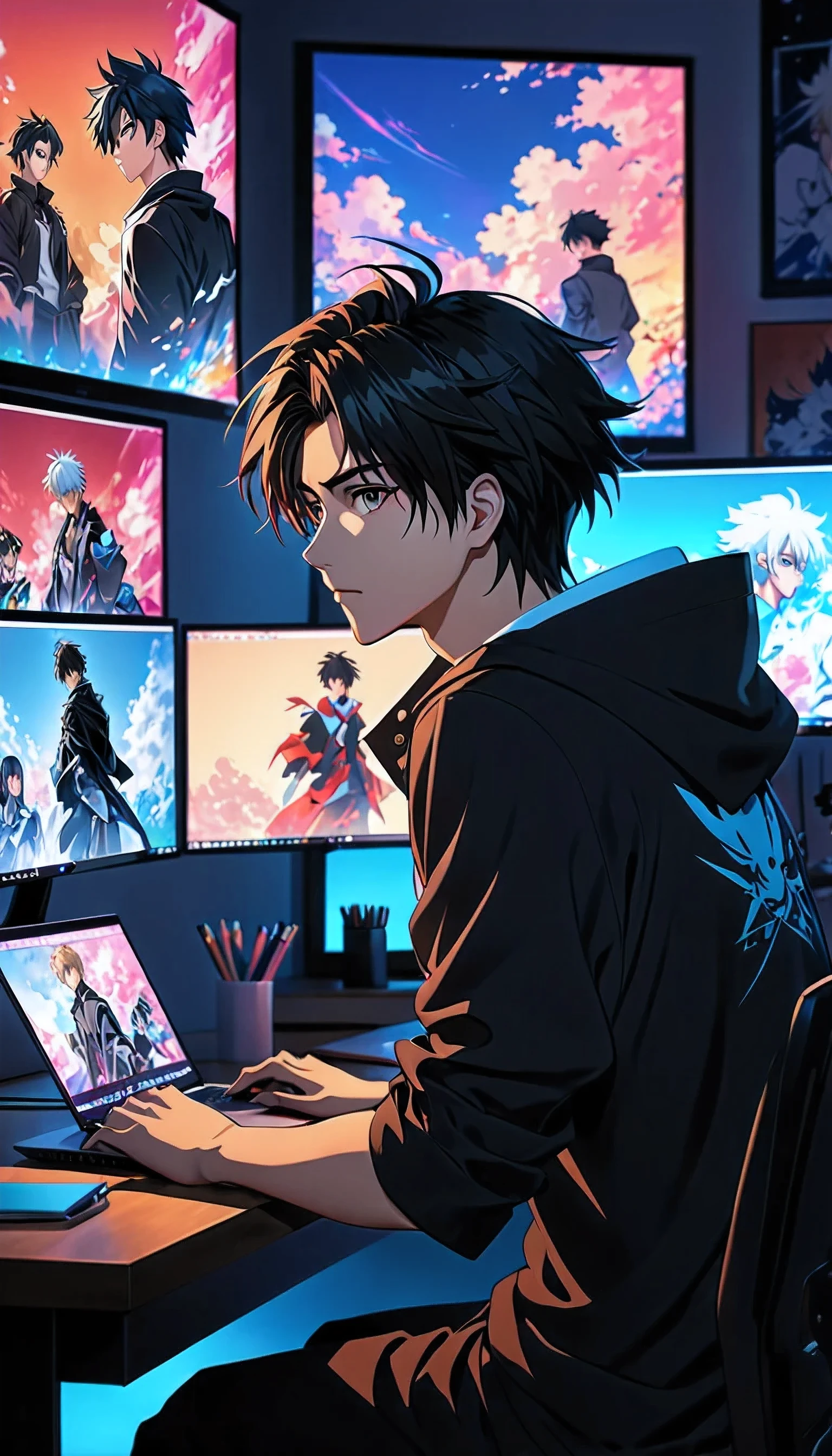 Anime boy sitting at a desk with a laptop in front of a wall of pictures -  SeaArt AI