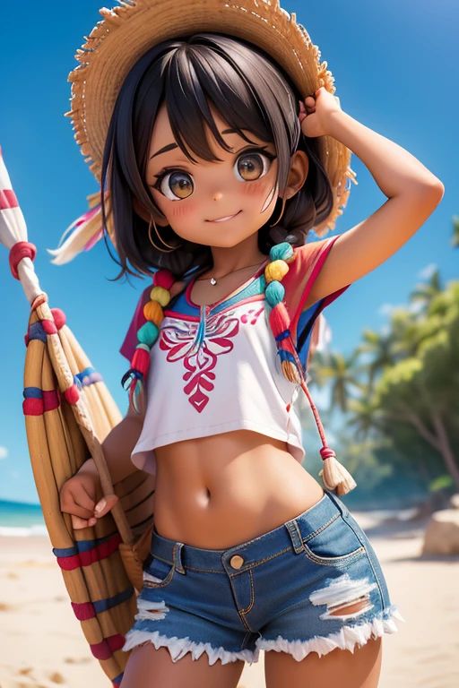 garotinha indiana brasileira, com pintura tribal nos olhos, usando camiseta regata e short jeans curto, em frente a um casebre, sorriso travesso, pose traseira, qualidade HD,