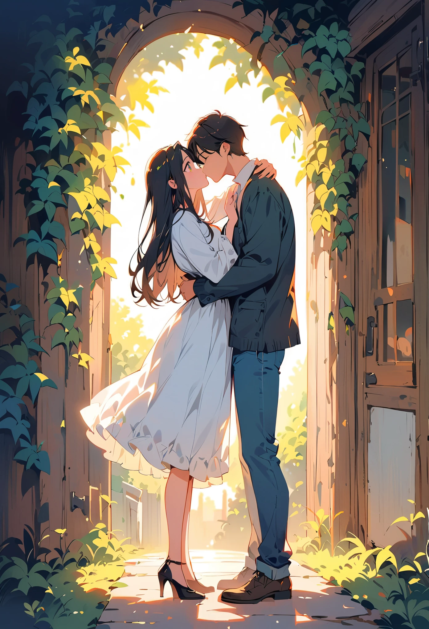 (best quality:1.2), 1 girl, 1 boy, face to face, looking at each other, standing apart, both standing apart, kissing, blue jeans, full body, detailed eyes, detailed lips, beautiful atmosphere, sunlight filtering through the leaves, vibrant colors, scenic background, soft lighting, gentle breeze, romantic moment