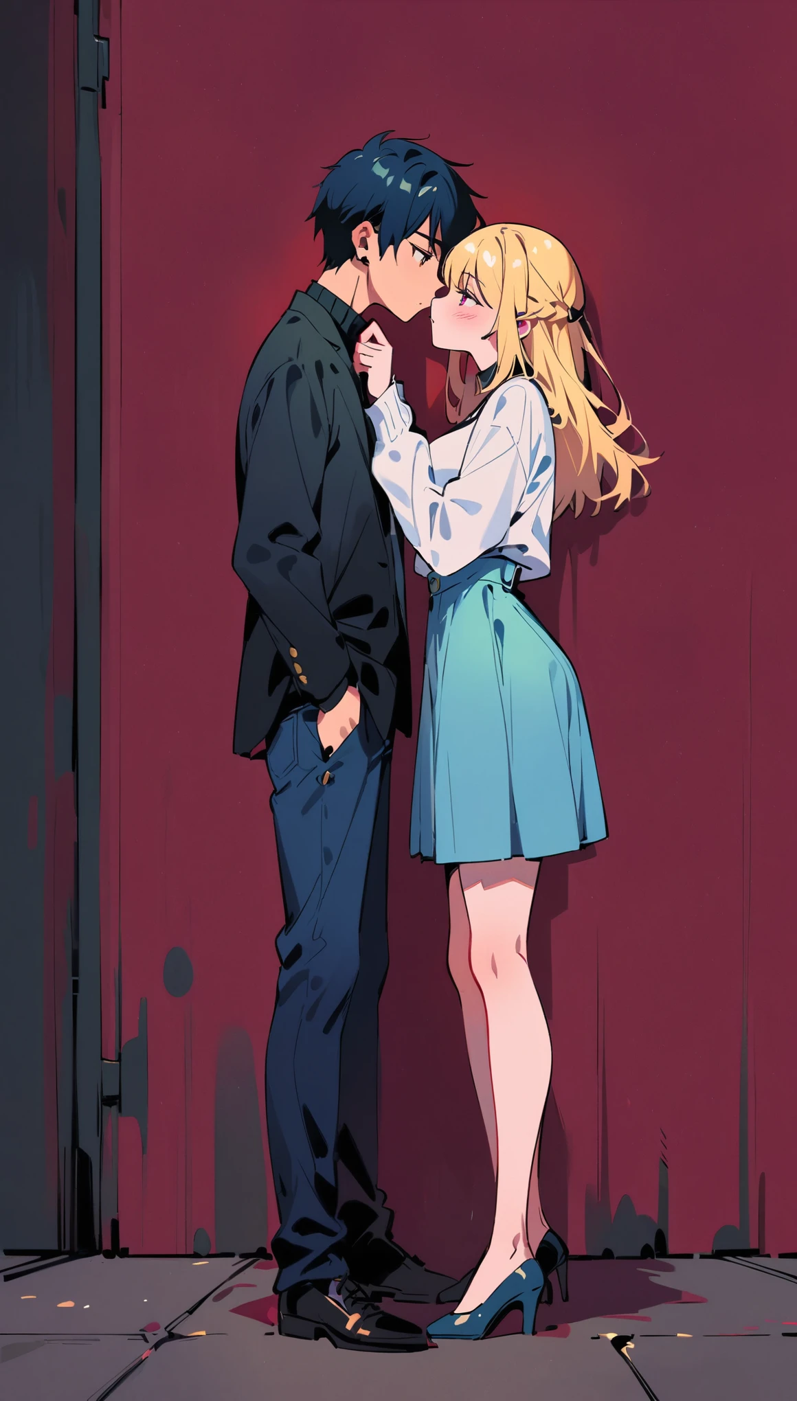 A couple of anime characters kissing in front of a red wall - SeaArt AI