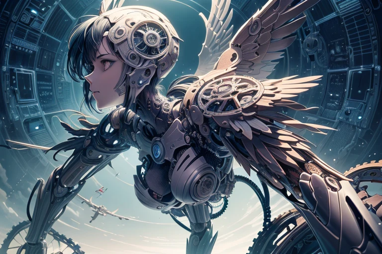 ((mechanical angel)), (machine-made:1.6), mechanical wings with gears extended, cables, (devious and beautiful), cinematic light, Science fiction, surreal, apocalypse, (CG illustration), (Highly detailed), (high resolution), (Best quality), (masterpiece)