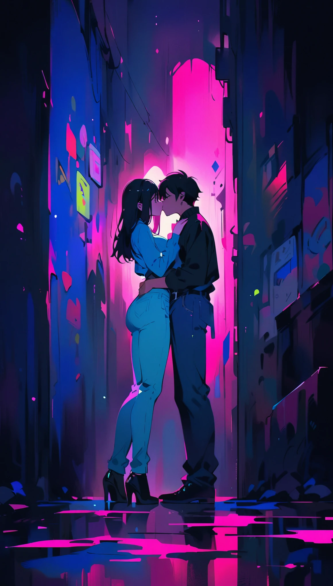 (best quality:1.2), 1 girl, 1 boy, face to face, looking at each other, standing apart, both standing apart, kissing, blue jeans, full body, romantic background, soft lighting, vibrant colors, passionate pose