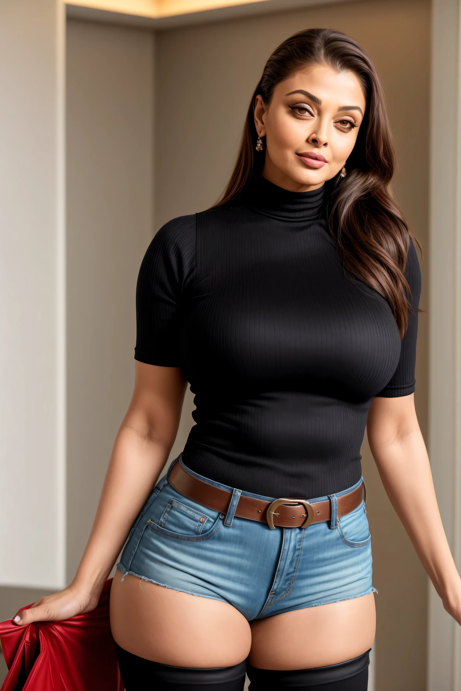 A woman in a black top and jeans shorts posing for a picture - SeaArt AI