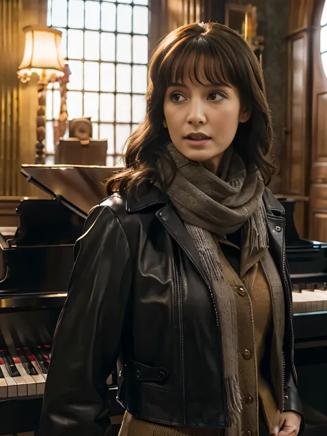 woman in black leather jacket and scarf in front of a piano, in Harry Potter. She is about 45 years old. Full body photo, clear ...
