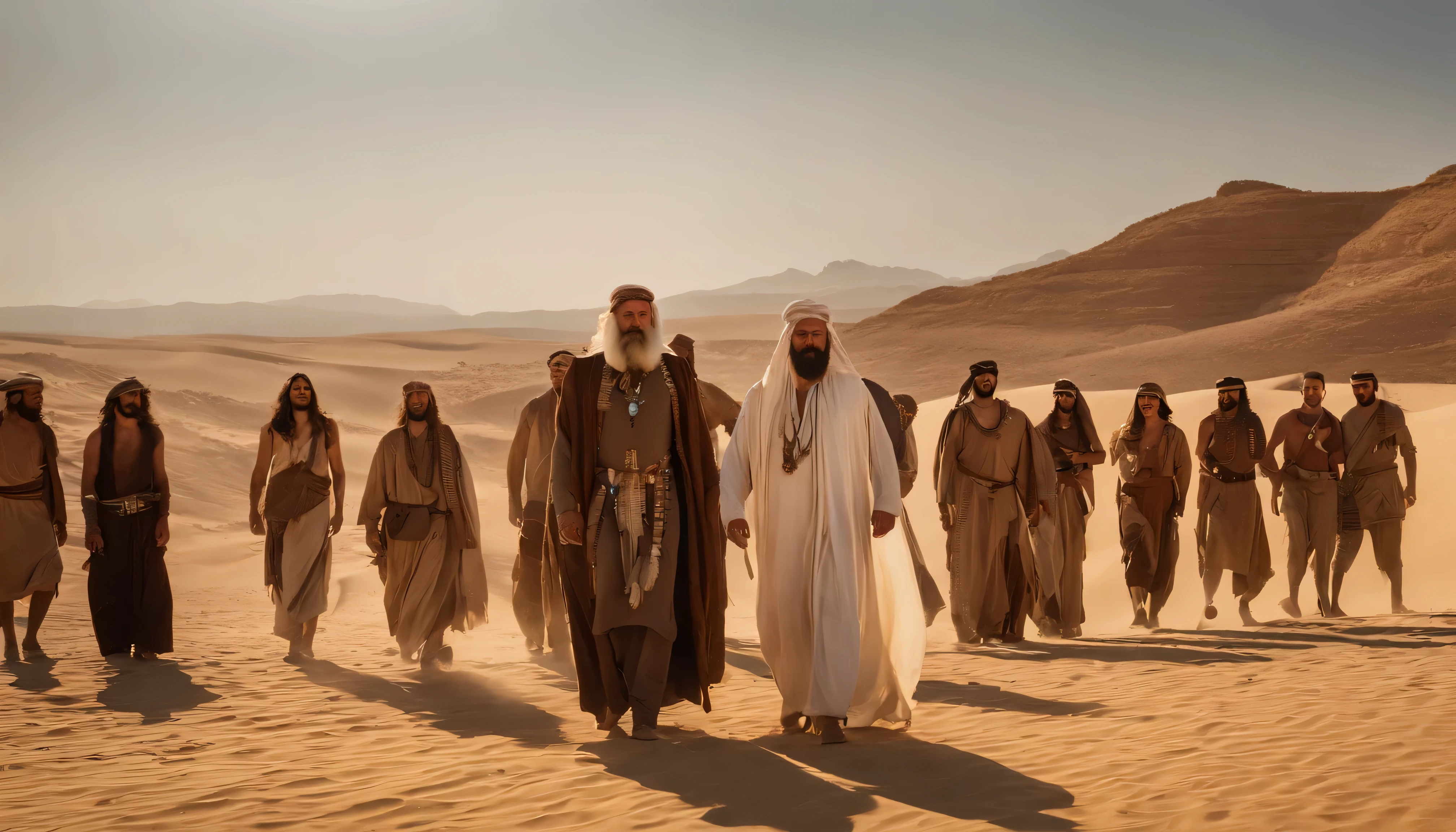 Un grupo de hombres caminando en el desierto con un fondo de cielo - SeaArt  AI