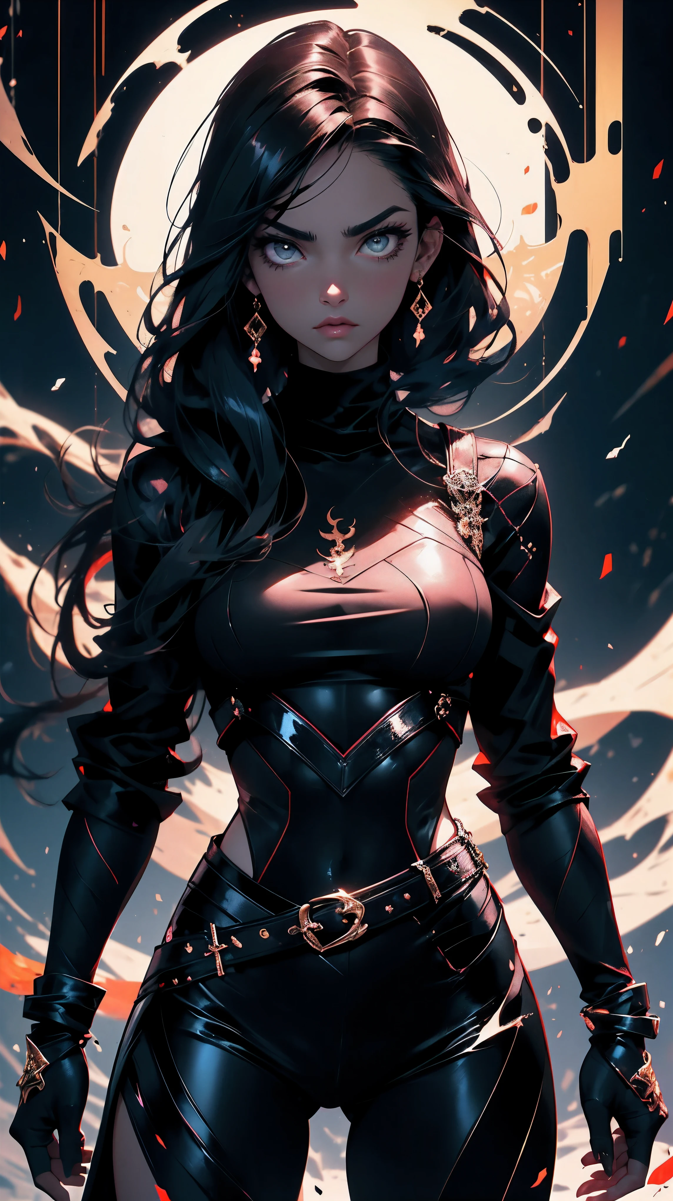 scorpio, beautiful young girl with black hair and black eyes, intimidating look, scorpion tail, her zodiac sign is Scorpio, femme fatale, beautiful black turtleneck, zodiac theme, mystical atmosphere, hd, 8k
