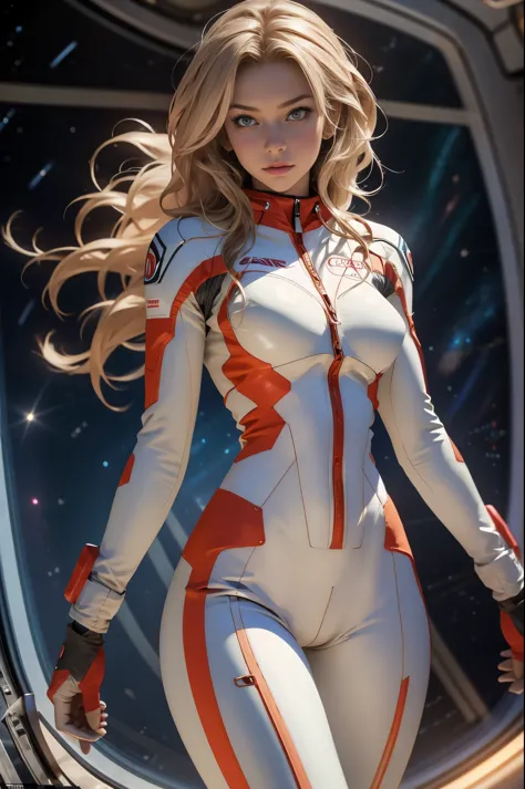 Sandy hair toned body big breasts slender hips slim waist solo pilot suit looking at the viewer in space long hair blushing dete...