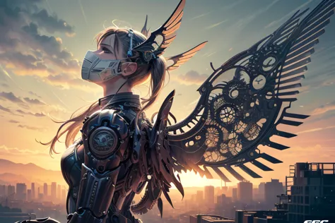 ((mechanical angel)), (machine-made:1.6), mechanical wings with gears extended, cables, (defined face, mask), (devious and beaut...