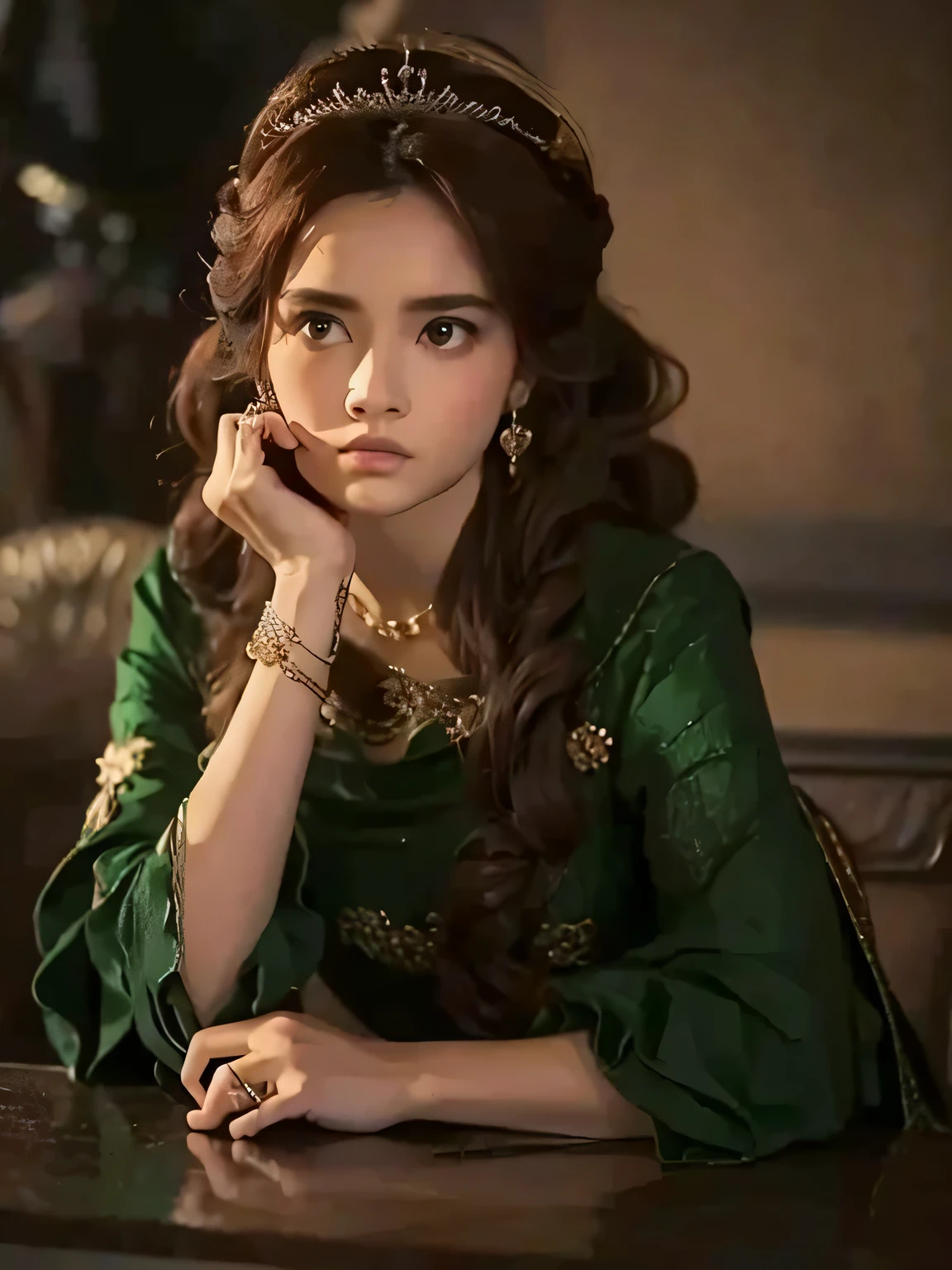 queen Alicent, Alicent, brunette hair, wearing green dress, big hair, wavy hair, hand supportin head, iron throne room, realistic, best quality