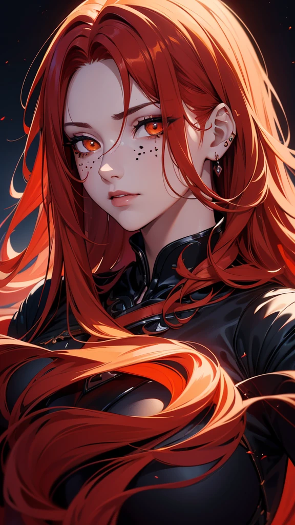 (best quality,4k,highres,masterpiece:1.2),ultra-detailed,realistic:1.37, portraits, long flowing red hair, beautifully fair skin, black outfit, piercing orange eyes, sensual pose, subtle black spots, mysterious aura, monochromatic colors, mature woman.