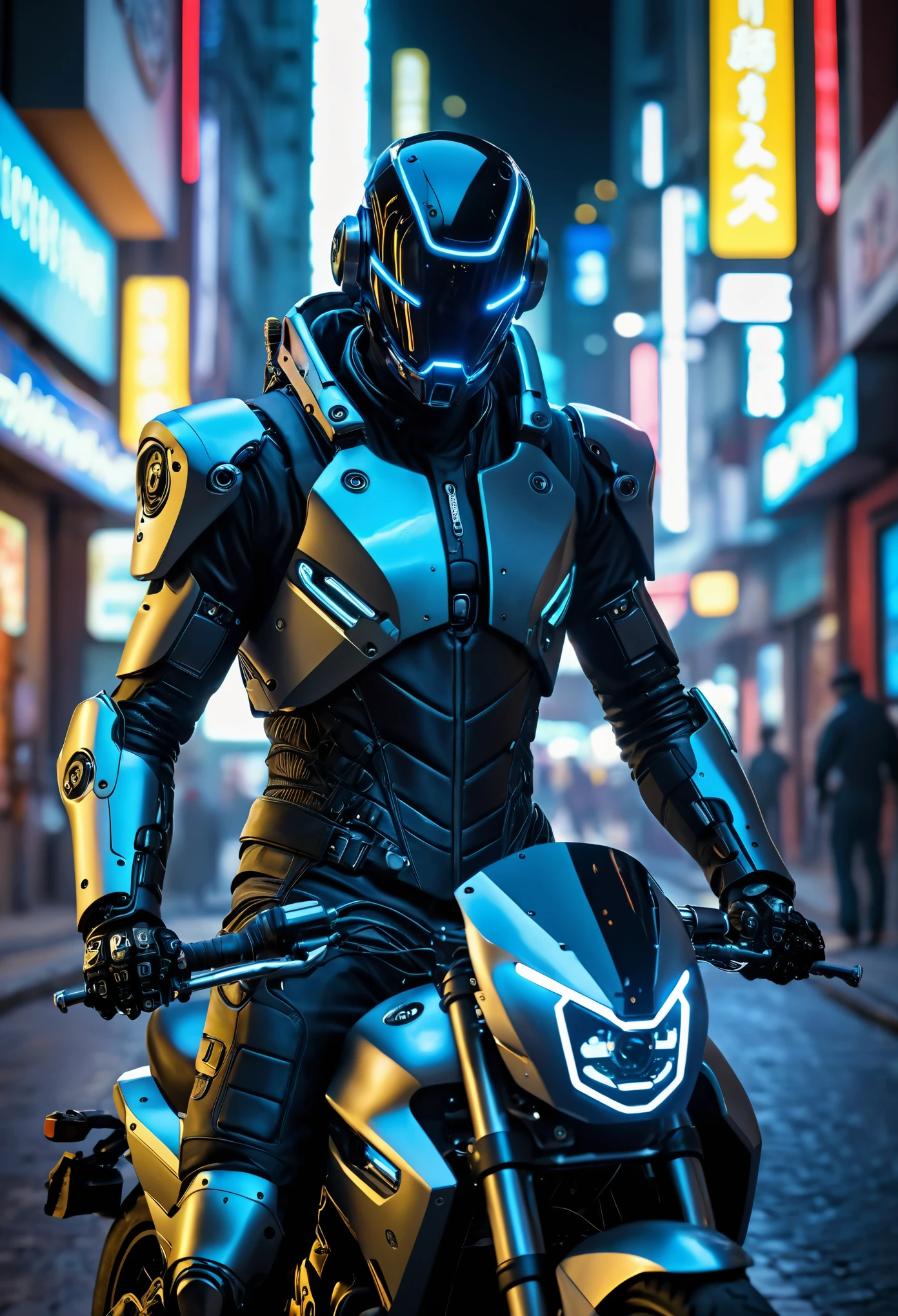 (portrait photo of (fatal boy:1.4) (riding a motorcycle, in futuristic suit:1.2)), (fatal boy riding a motorcycle:1.1), (looking to the camera:1.1), (looking at the viewer:1.1), dramatic lighting, ((mechanical prosthetics, robot hands)), action pose, (motorcycle), BREAK, dynamic, Vibrant, action packed, detailed character design, (professional photo of fatal boy:1.2), (extremely detailed fatal boy face:1.4), (fatal boy riding a motorcycle:1.3), 1 man, cyberpunk clothing, cyberpunk, (cyberpunk background:1.2), (extremely detailed cyberpunk background:1.3), extremely detailed background, cyberpunk body modification, cyberpunk 2077 body modification, (neon city background), cyberpunk suit, robot, Science fiction, Alone, whole body, wires and cables, sharp focus, natural lighting, cyberpunk reimagined, neon lights, action pose, showy, bright colors, Science fiction, a dystopian cyberpunk city, neon, cyberpunk 2077, (cyberpunk 2077 cityscape), Masamune Shirow&#39;s art,soft neon light, cinematographic, vivid details, Features of bionic robotics, (Masterpiece, hyper realistic, Best Quality:1.2), Official Art, Extremely detailed CG unity 8k wallpaper, detailed background, Best Quality, expressive eyes, Perfect face, Perfect eyes, perfect anatomy, extremely detailed eyes and face, looking at the viewer, detailed background, Detailed clothing, cinematographic lighting, beautiful 8k, Masterpiece, Best Quality, high quality, HDR, photography by cosmicwonder, High Definition, symmetrical face, volumetric lighting, 24mm, 4k, DSLR, high quality, ultra realistic,