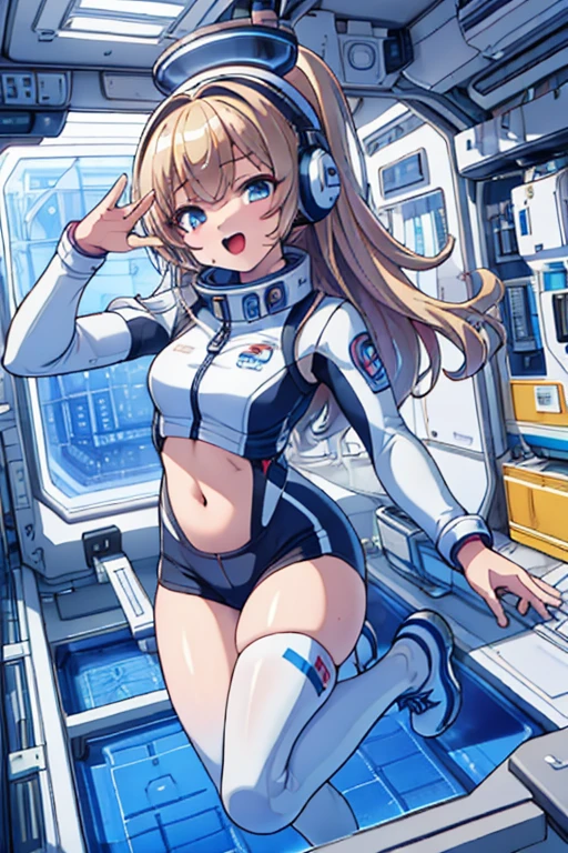 top-quality,Top image quality,in 8K,4K,​masterpiece,ultra-detailliert,Beautiful,ultra-quality, best quality,high resolution, ultra-detailed,game cg,dutch angle,(acrobatic pose):5,jumping:5,(inside spacestation,)beautiful detailed eyes,five fingers,headphone,nsfw,a beauty girl,(astrovest):5,(track uniforms),wet,(steam:1.5),Running form,open open mouth,(blonde hair),(long hair):2,Navel,space_station_interior, exercise_room, futuristic, high_technology, zero_gravity_exercise_equipment, high_resolution_landscape, sleek_design, minimalistic, 8K_resolution, game_cg_style, Dutch_angle, detailed_character, track_uniform, perfect_running_form, intense_expression, detailed_eyes, determination, steam:1.5, beauty, strength, five_fingers, visible_navel, open_mouth, ultra_quality, high_resolution, ultra_detailed,astrovest