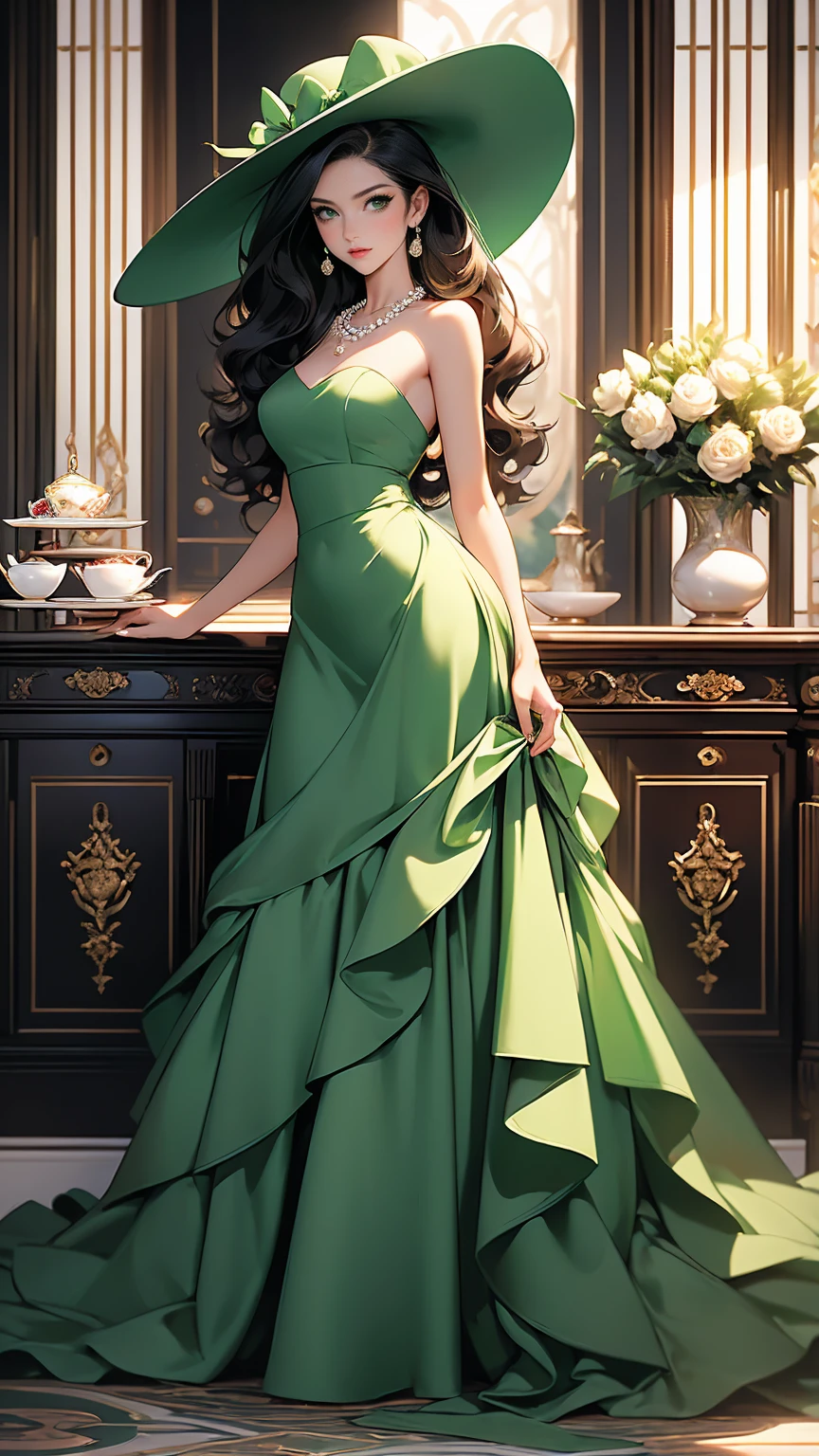 (masterpiece, Best quality, A high resolution, ultra detailed),(beautiful and aesthetically pleasing:1.2), (1 woman), adult, perfect body, wavy black hair, ((green eyes)), detailed eyes and face, (full body),  Elegant Afternoon Tea Attire: Midi dress, Kitten heels, Pearl necklace, Structured handbag, Wide-brim hat, Soft curls hairstyle