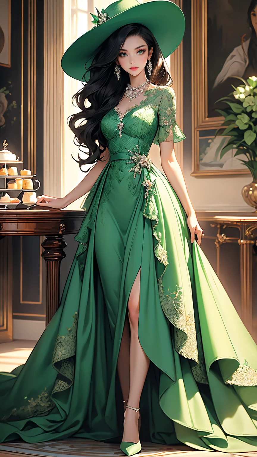 (masterpiece, Best quality, A high resolution, ultra detailed),(beautiful and aesthetically pleasing:1.2), (1 woman), adult, perfect body, wavy black hair, ((green eyes)), detailed eyes and face, (full body),  Elegant Afternoon Tea Attire: Midi dress, Kitten heels, Pearl necklace, Structured handbag, Wide-brim hat, Soft curls hairstyle