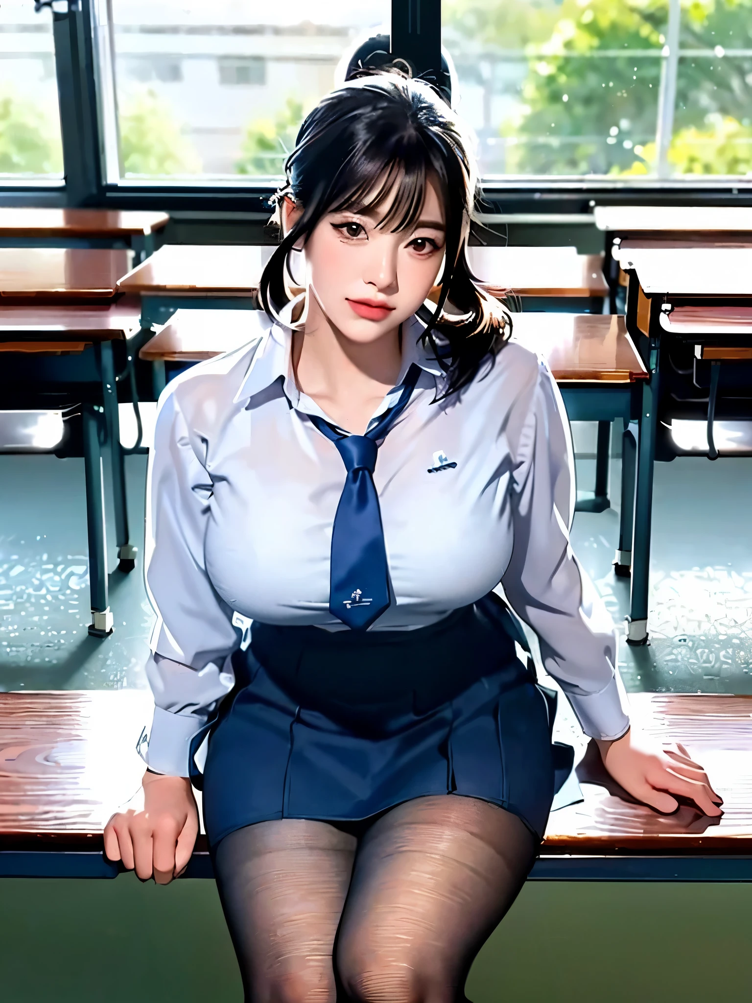 "(A perfect masterpiece:1.2), (the best quality:1.2), stunning face,  , mature and chubby,, makeup, long and luxurious eyelashes, full lips, irresistible. Sitting in class, large breast, sexy, transparent tights, illustration, student, black hair, bangs, ponytails, white shirt, tie, blue skirt, blue jacket, sad , cleveage, nsfw