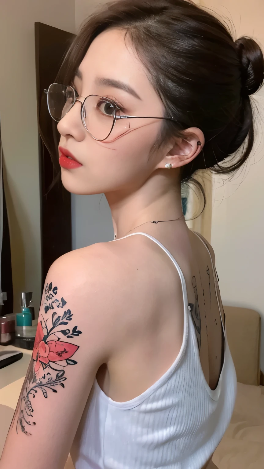 A close up of a woman with glasses and a tattoo on her arm - SeaArt AI