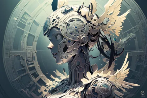 (mechanical angel), mechanical wings with gears extended, detailed face, proportional face, (devious and beautiful), (machine-ma...