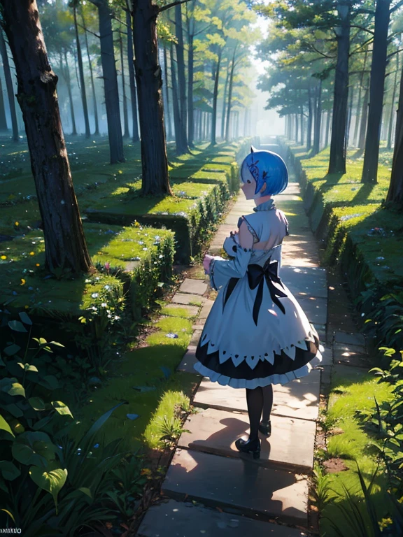 ReZero rem, naked, unclothed ,waiting for a forest, Lens flare, llamas, evening, View from above, dark ambient, darkness, contrast