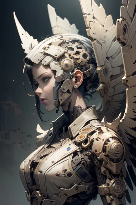 (mechanical angel), mechanical wings with gears extended, detailed face, proportional face, (devious and beautiful), (machine-ma...