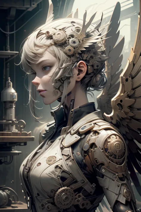 (mechanical angel), mechanical wings with gears extended, detailed face, proportional face, (devious and beautiful), (machine-ma...