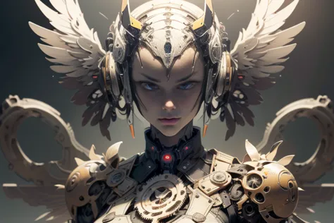 (mechanical angel), mechanical wings with gears extended, detailed face, proportional face, (devious and beautiful), (machine-ma...