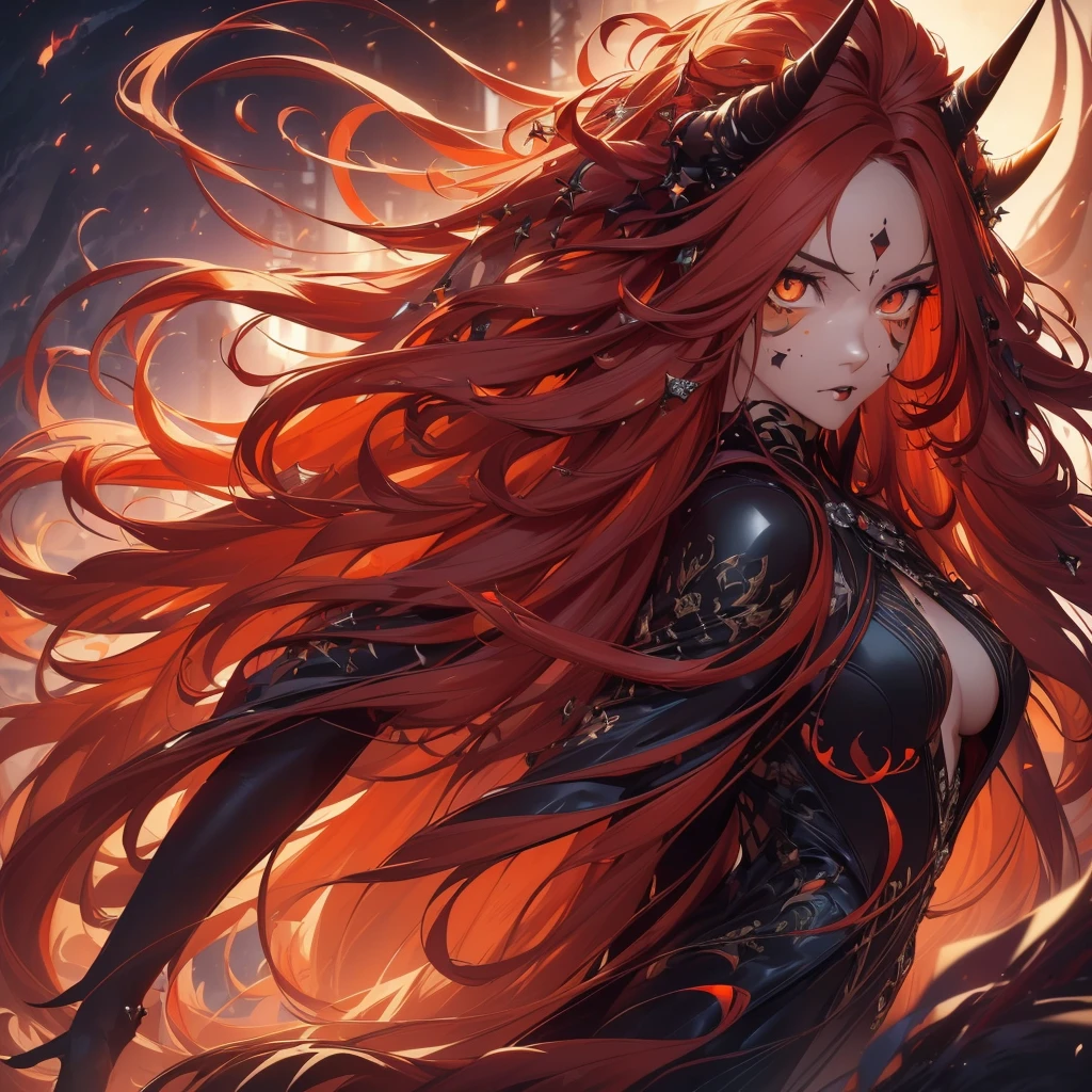 (best quality,4k,highres,masterpiece:1.2),ultra-detailed,realistic:1.37, portraits, (((long flowing red hair))), beautifully fair skin, black outfit, (((piercing orange eyes))), sensual pose, ((subtle black spots, mysterious aura, monochromatic colors)), mature woman, ((black horn))